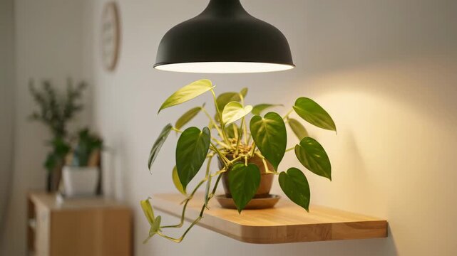 Potted Plant Under Lamp - A heartleaf philodendron plant sits on a wooden shelf under a black pendant lamp, which is illuminated. There is other decor in the background.