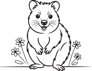 Obraz premium Happy Quokka Cartoon Character Sitting Among Flowers In Black And White animal cute