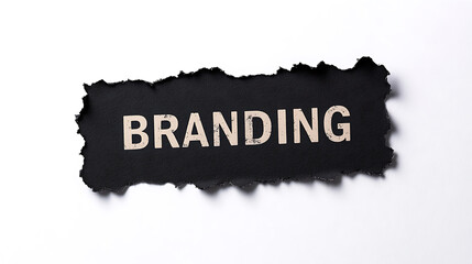 Branding Concept: The word "BRANDING" is displayed on a torn piece of black paper against a white background. Illustrative of marketing and identity design.