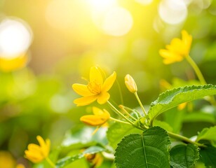Bright yellow flowers in soft focus, bathed in sunlight
