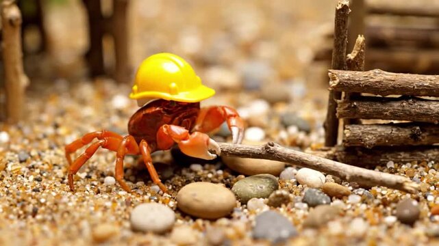 Funny crab in a hard hat working on a miniature construction site. Animal humor and building concept.