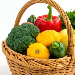 Fresh vegetables in a woven basket. Colorful assortment of produce, including bell peppers, zucchini, squash, and broccoli, nestled in a light brown wicker basket