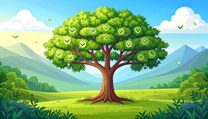 Lush green tree with checkmark symbols on branches, situated in a tranquil landscape of mountains and a grassy meadow