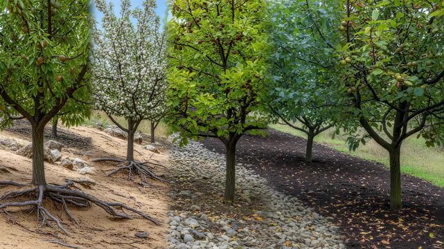 Dynamic medium shot of mixed nut tree types in varying soil conditions illustrating adaptability to different environmental challenges.