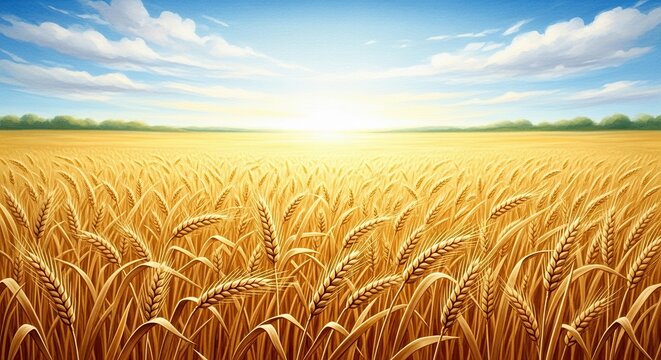 Golden wheat field under a bright blue sky with fluffy clouds - Powered by Adobe