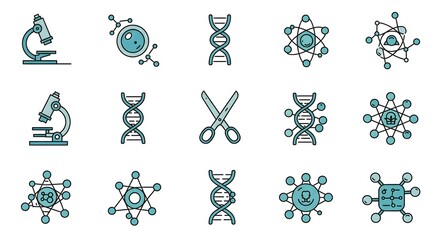 A collection of various science and biology related icons, including DNA strands and microscopes.