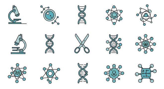 A collection of various science and biology related icons, including DNA strands and microscopes.