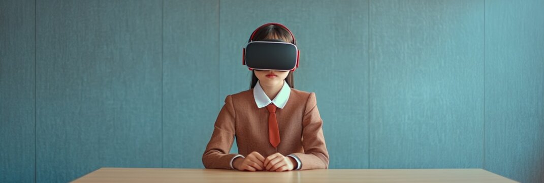 Schoolgirl sitting at desk wearing virtual reality headset experiencing immersive learning in modern classroom, embracing innovative educational technology - Powered by Adobe