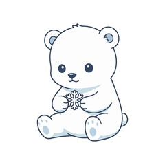A cute baby polar bear cub sitting and holding a snowflake cartoon vector