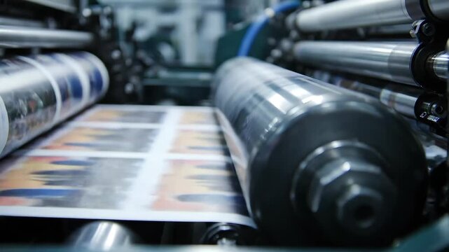 Printing Press in Operation - Close-up view of a printing press in operation, with paper sheets running through the rollers.