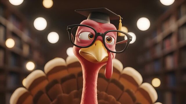 Smart turkey with glasses & graduation cap thinking in library, education, Thanksgiving, humor, cartoon, animal, education, holiday marketing & school promotions.