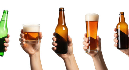 Assorted hands holding different types of beer bottles and glasses isolated on transparent background