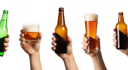 Assorted hands holding different types of beer bottles and glasses isolated on transparent background