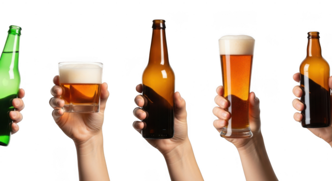 Assorted hands holding different types of beer bottles and glasses isolated on transparent background