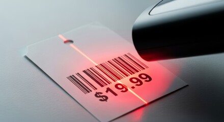 Close-up of red laser beam scanning barcode with price tag showing $19.99 at retail checkout. Modern technology for inventory and payment processing in stores.