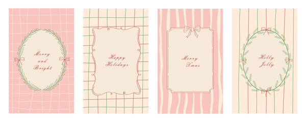 Vintage coquette greeting cards set for Christmas. Whimsical hand-drawn frames with delicate bows and ribbons. Templates for posters, banners, invitations