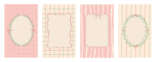 Set of hand-drawn Christmas frames with vintage red, green, and pink backgrounds. Minimalist, elegant doodle borders perfect for Xmas holiday cards, invitations, posters, or banners in a retro style.