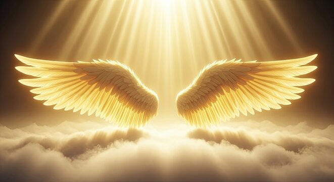 Ethereal golden angel wings bathed in divine light ascend through - Powered by Adobe