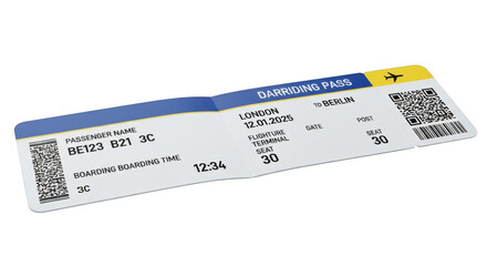 Airplane boarding pass with barcode and flight details isolated on transparent background