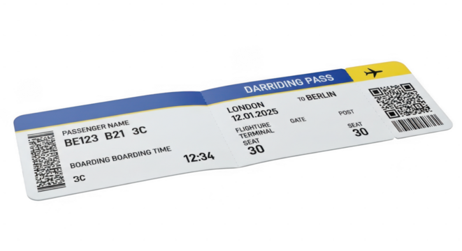 Airplane boarding pass with barcode and flight details isolated on transparent background