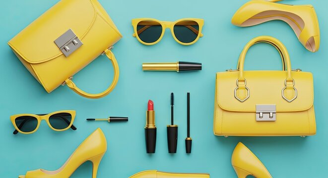 Chic yellow handbag stylish sunglasses and elegant high heels