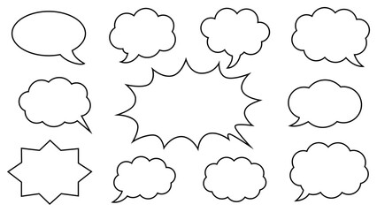 Collection of hand drawn speech bubbles and thought clouds in various shapes and styles