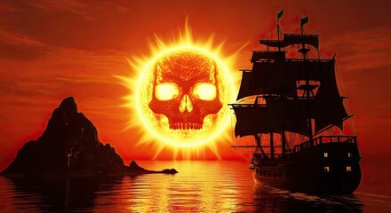 Pirate ship sails towards a skull sun over a dramatic ocean sunset