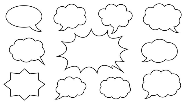 Collection of hand drawn speech bubbles and thought clouds in various shapes and styles