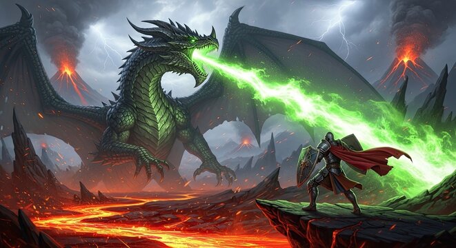Brave knight confronts ferocious dragon breathing emerald fire amidst
