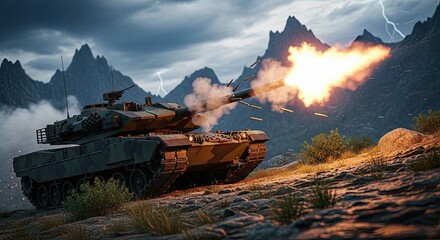 Powerful military tank fires its cannon amidst stormy mountains