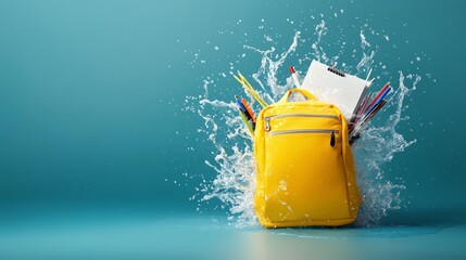 School backpack with stationery splashing on a turquoise background, creating a dynamic and energetic back to school scene, ideal for educational promotions and campaigns