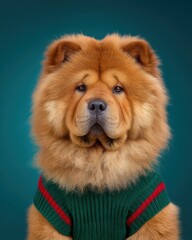Cute Chow Chow dog portrait with a fluffy cinnamon coat, wearing a festive green and red sweater against a teal background. Ideal for pet, holiday, or cozy concepts.