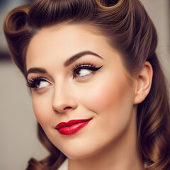 Fototapeta premium Close-up of a woman's face, with classic pin-up hair and makeup (e.g., victory rolls, red lipstick), a playful expression, looking slightly off-camera. Focus on retro beauty. 