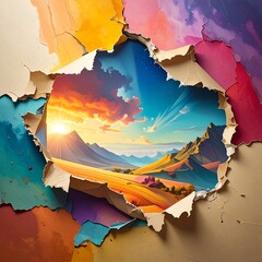 A vibrant landscape peeks through a ripped hole in a colorful surface