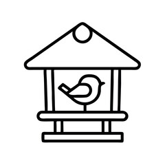 Simple line art illustration of a birdhouse with a bird inside