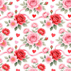 Seamless floral pattern for Valentine's Day with roses, peonies, small hearts and ribbons, watercolor style, soft pink and red tones, white background