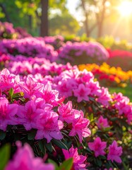 Vibrant pink azaleas bloom in a sun-drenched garden