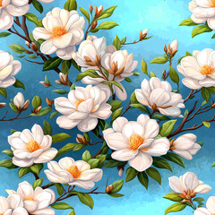 Seamless pattern with white magnolia flowers and green leaves on a hand painted blue background