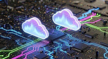 Dynamic cloud computing icons glow brightly amidst futuristic circuit
