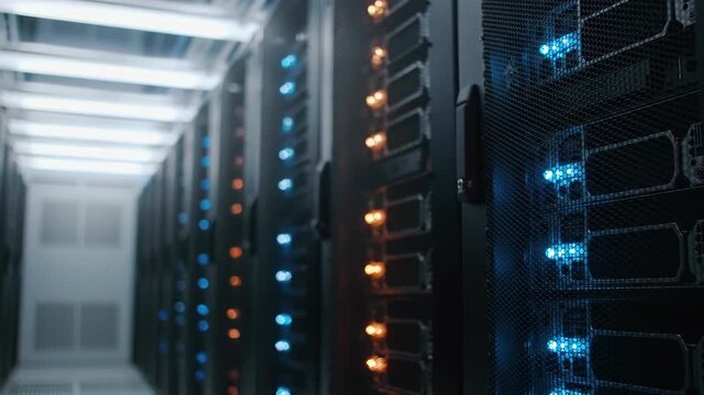 Server Room Array with Blue and Orange Light Under White Ceiling