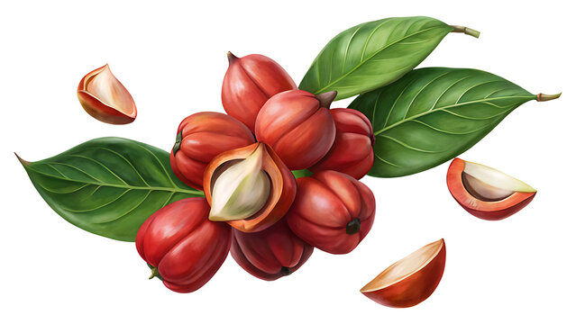 Artistic representation of achacha fruits with vibrant leaves on a white background