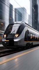 A high-speed train stands ready at a busy city station, surrounded by tall buildings and travelers getting on and off