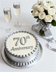 Platinum 70th wedding anniversary cake with roses and champagne flutes