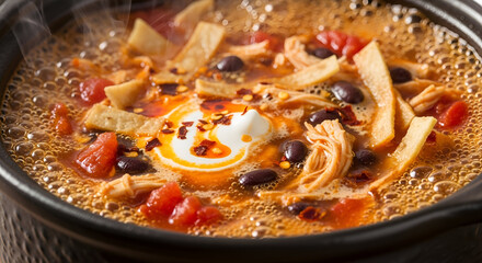 Bubbling Tortilla Soup with Chicken and Beans in Pot
