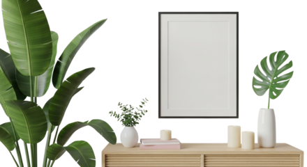 Blank picture frame mockup with tropical plants on white background