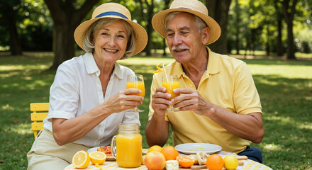 Happy senior couple enjoying picnic in park. Mature man and woman toasting with glasses of orange juice. Healthy and active retirement lifestyle concept