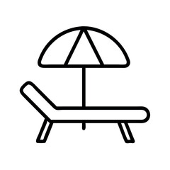 Simple line art icon of a beach lounge chair under a sun umbrella