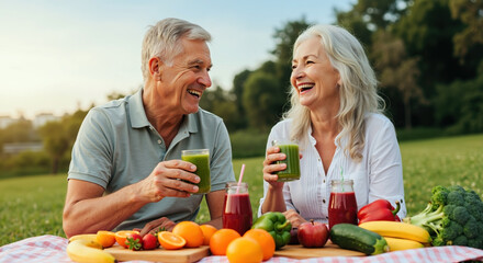 Happy senior couple laughing and drinking healthy green smoothies at picnic. Mature man and woman enjoying fresh fruit and vegetables outdoors in park. Healthy lifestyle and active retirement concept