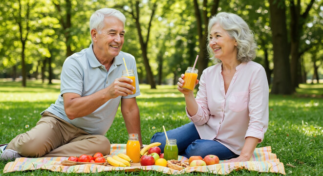 Happy senior couple enjoying healthy picnic in park. Mature man and woman smiling and drinking fresh juice outdoors. Active retirement and wellness concept - Powered by Adobe
