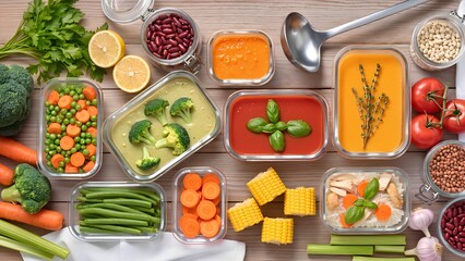 Assortment of prepped vegetables and healthy meals for meal prepping.